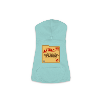 Evidence Inconclusive dog hoodie in saltwater blue, sizes XS to M