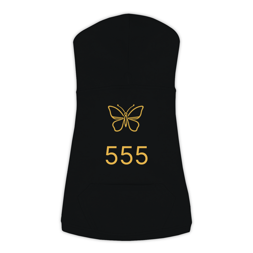555 Angel Number dog hoodie in Black — gold butterfly emblem and '555' print on Doggie Skins fleece pullover