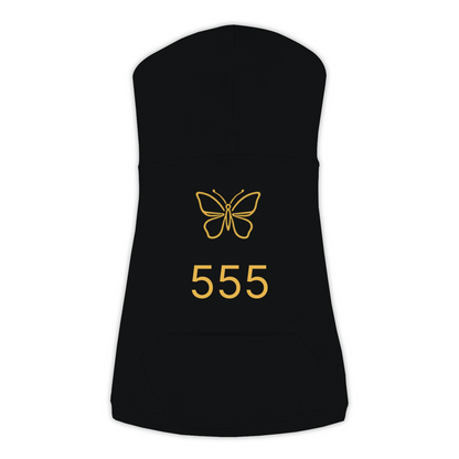 555 Angel Number dog hoodie in Black — gold butterfly emblem and '555' print on Doggie Skins fleece pullover