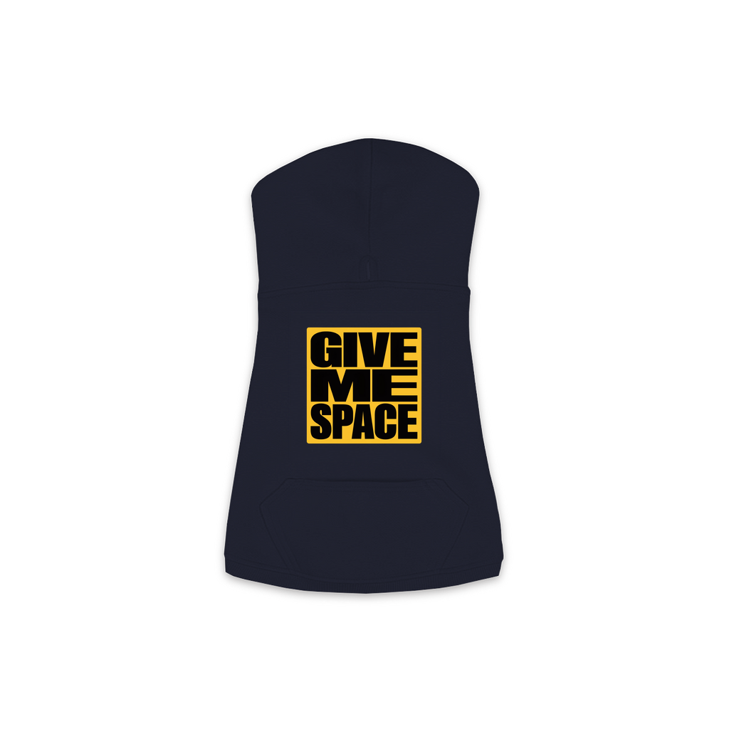 Give Me Space dog hoodie in Navy — bold yellow warning-style typography print on cosy fleece pullover