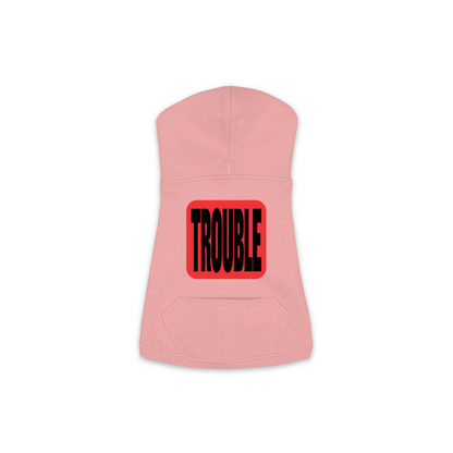 Trouble dog hoodie in Mauvelous — bold red TROUBLE badge print on cosy fleece pullover