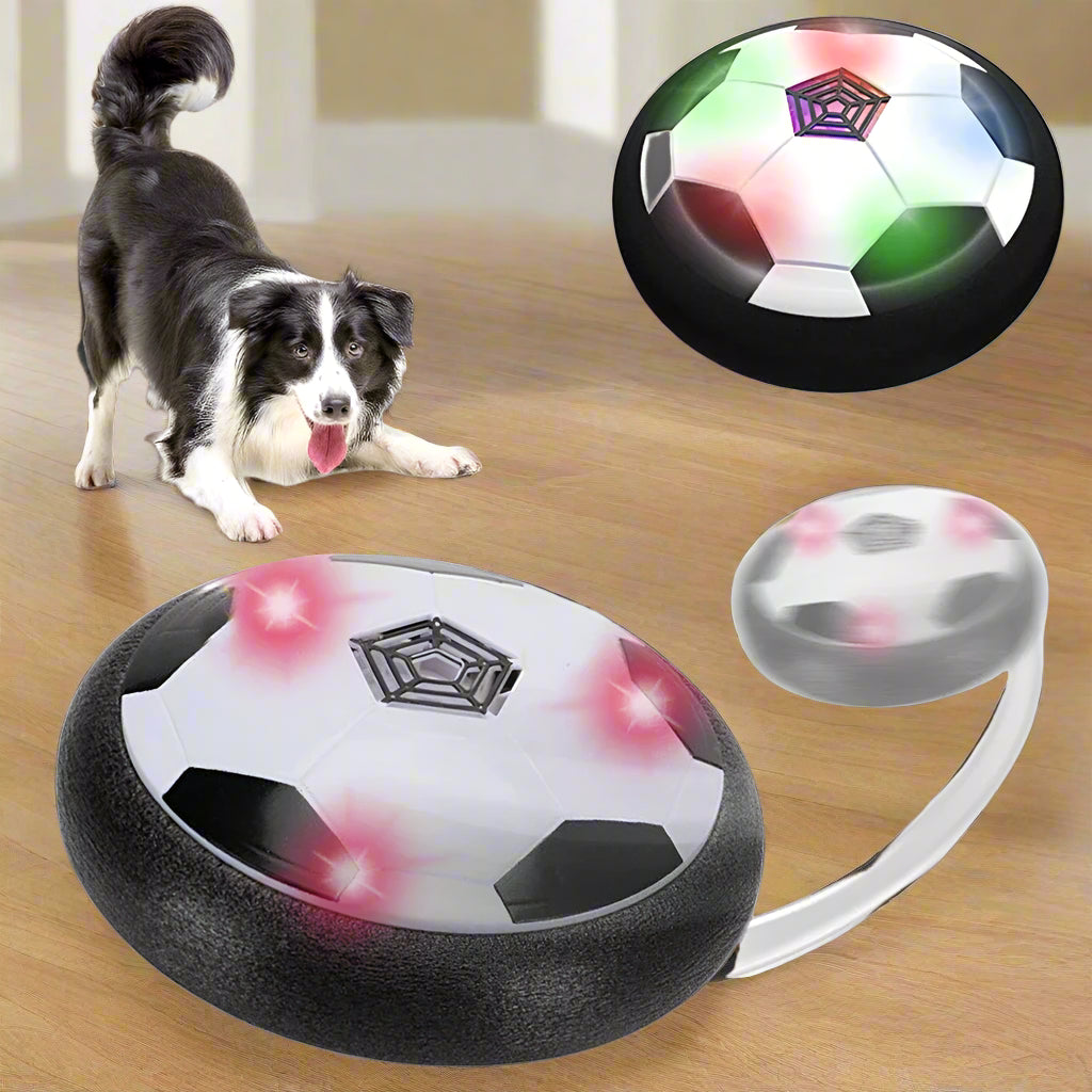 FetchFrenzy™ electric hover football dog toy — top view showing LED centre and football design
