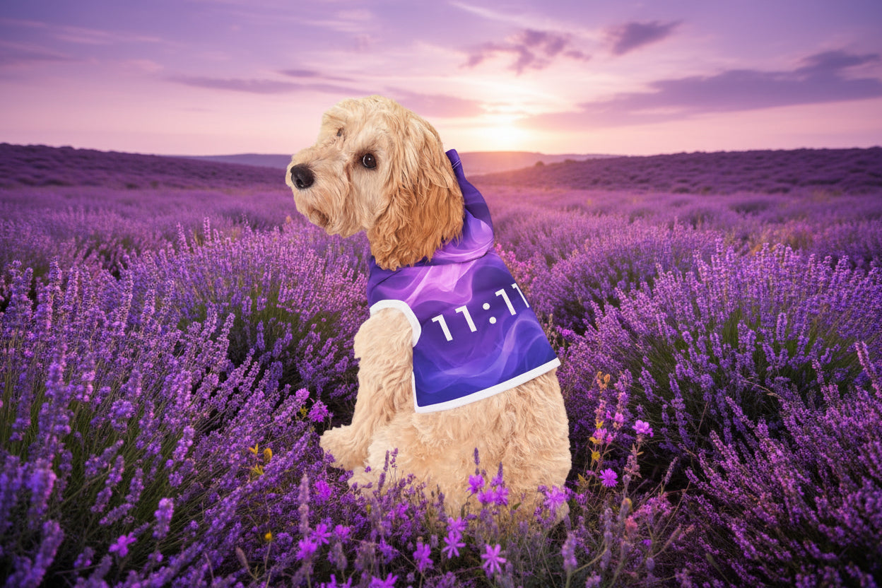Dog wearing a purple hoodie with '11:11' printed on it against a white background