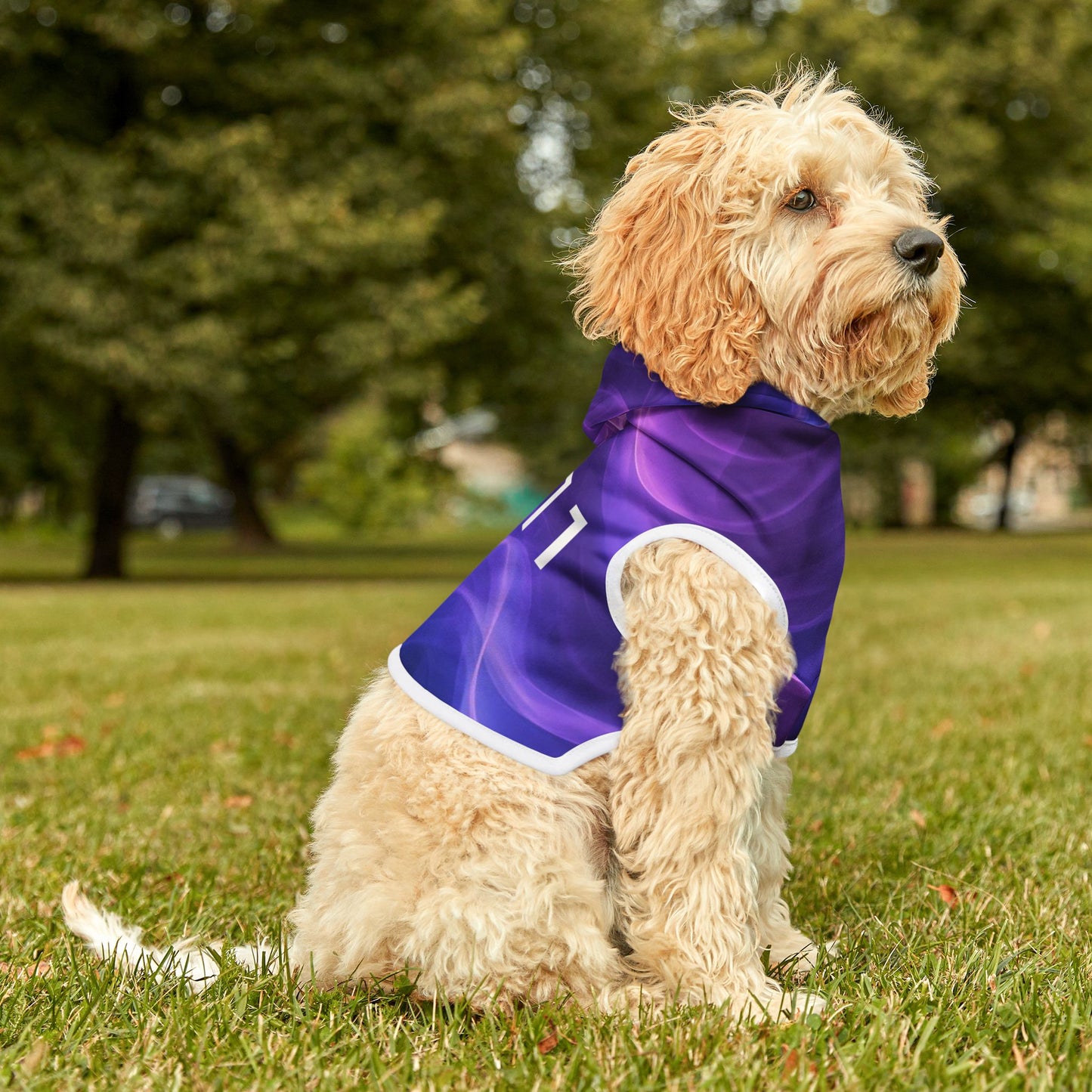 side view of dog hoodie showing full mystical purple swirl design