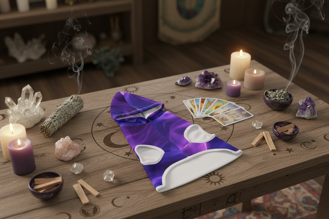 11:11 dog hoodie showing full mystical purple swirl design