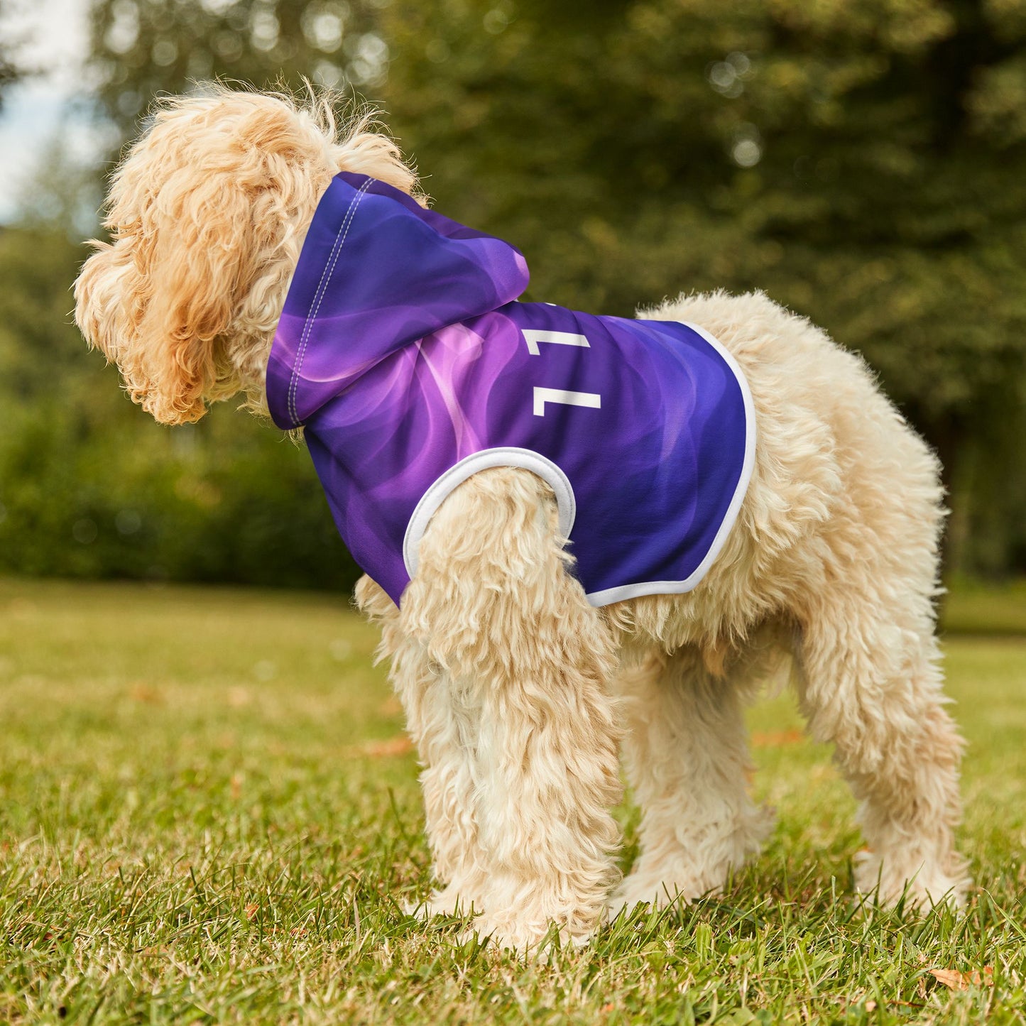 Dog hoodie with purple and violet fire swirl pattern featuring 11;11 angel number