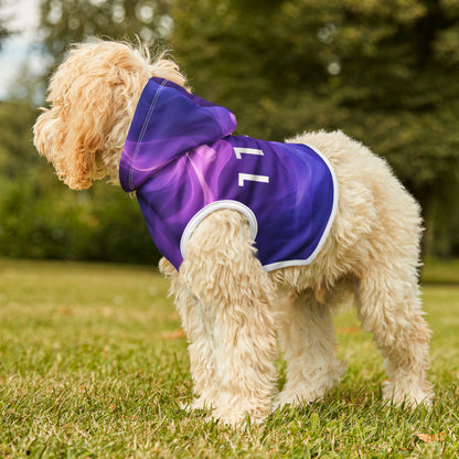 Dog hoodie with purple and violet fire swirl pattern featuring 11;11 angel number