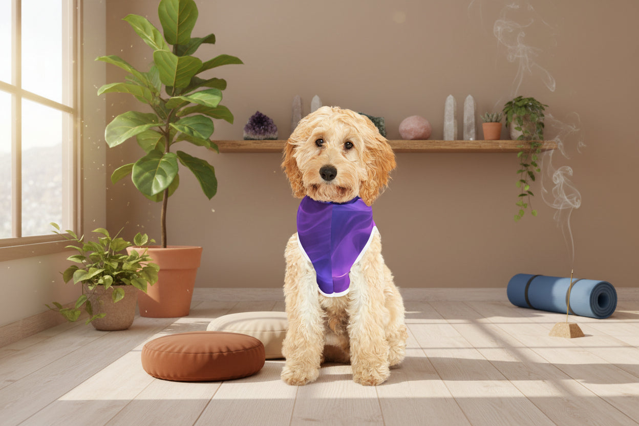 Small dog wearing mystical purple swirl hoodie indoors