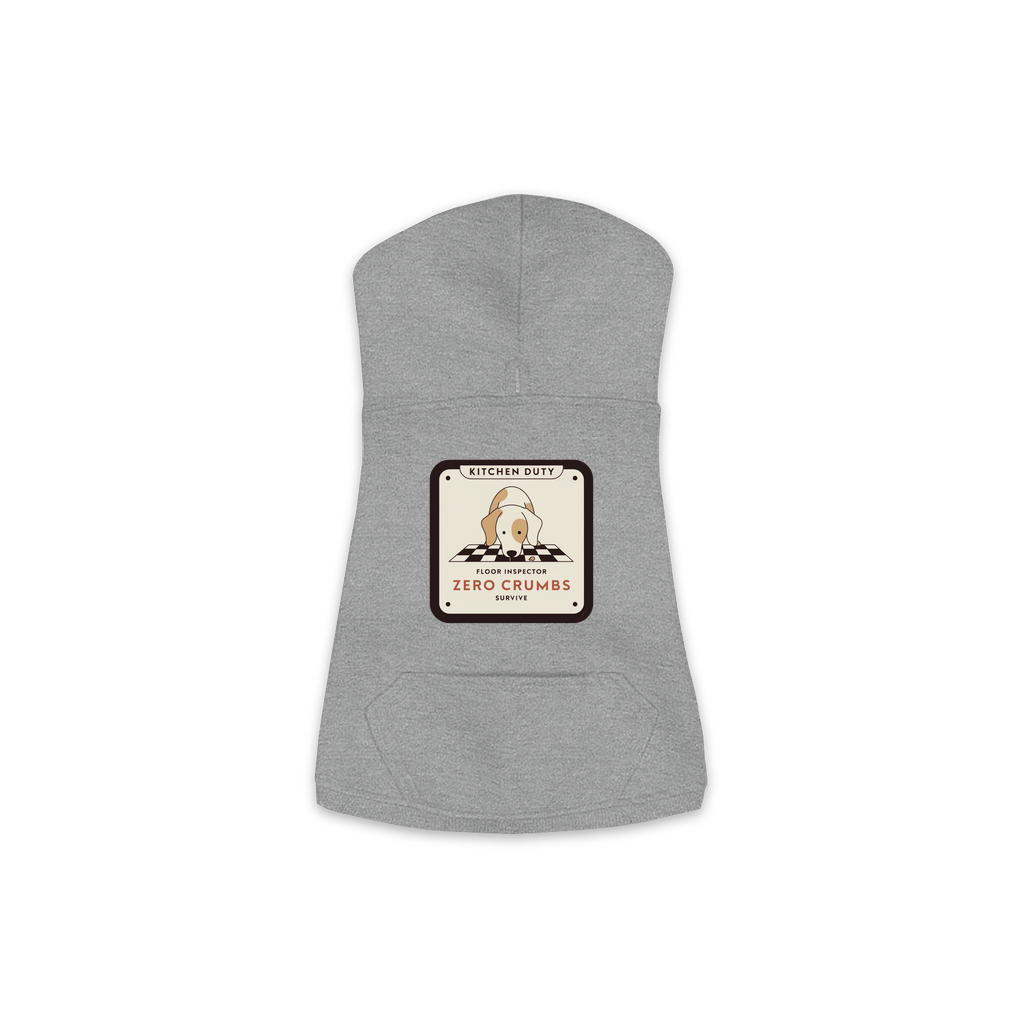 Floor Inspector dog hoodie in granite heather grey, sizes XS to M