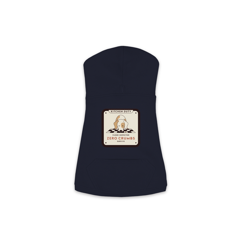 Floor Inspector dog hoodie in navy, sizes XS to M