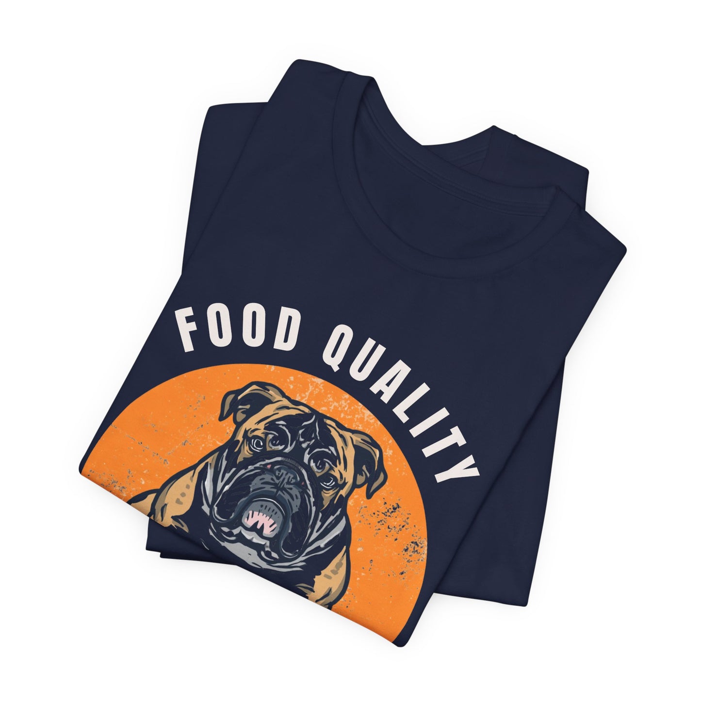 Food Quality Control Bulldog t-shirt — lifestyle photo with dog