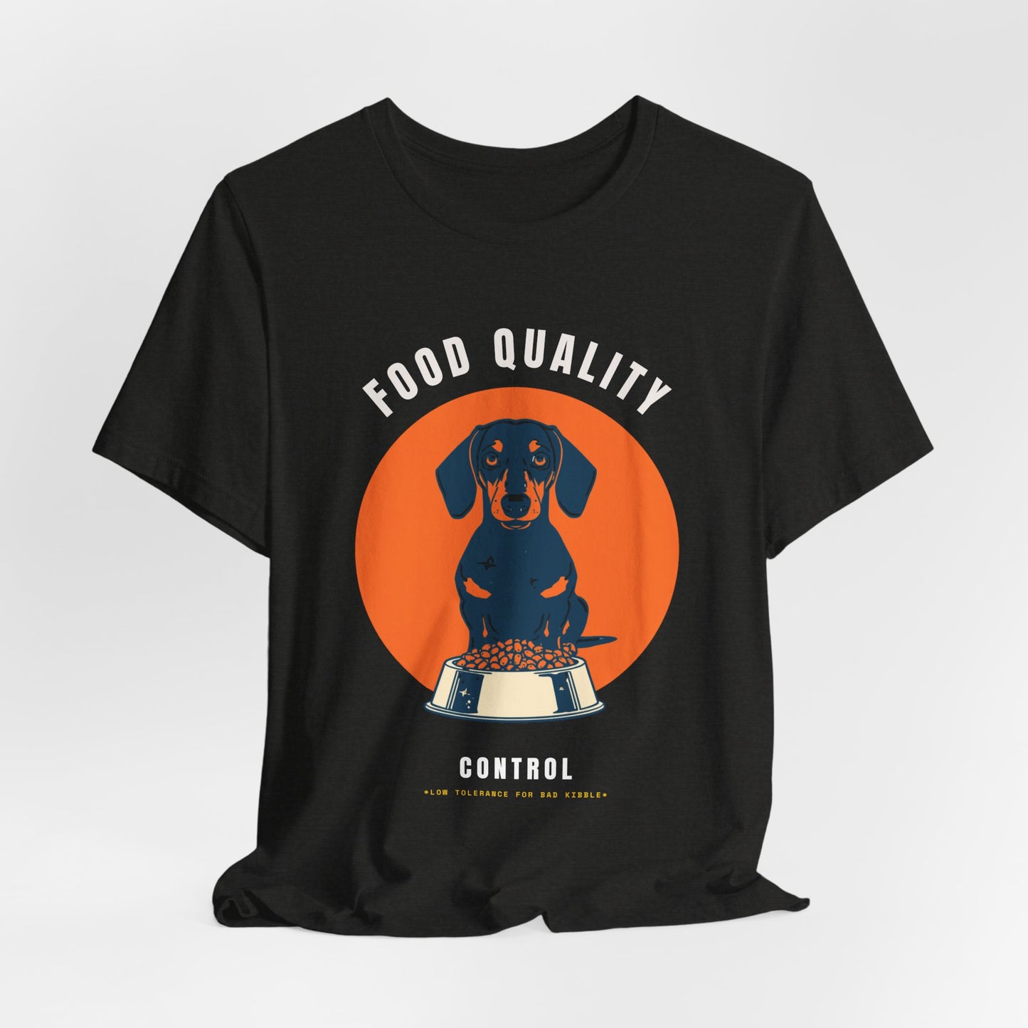 Food Quality Control Dachshund t-shirt — lifestyle photo with dog