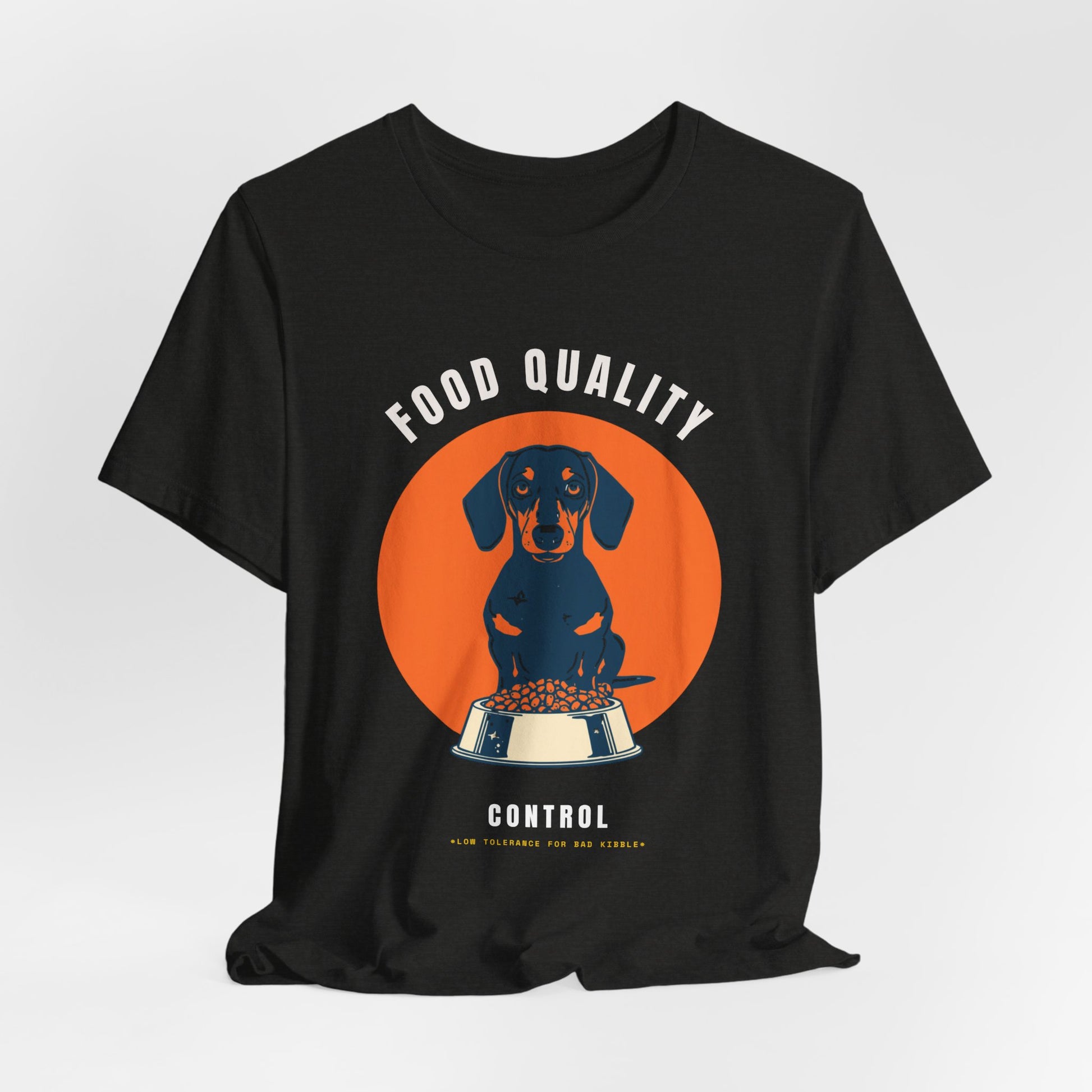 Food Quality Control Dachshund t-shirt — lifestyle photo with dog