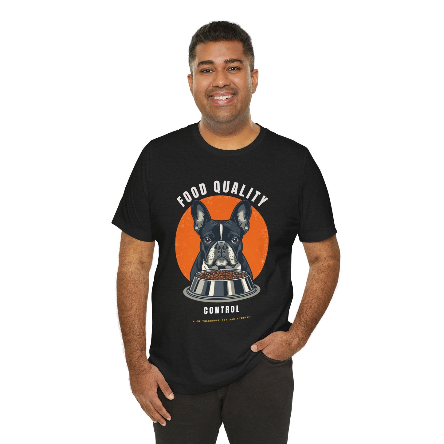 Food Quality Control French Bulldog t-shirt — sleeve and cuff detail