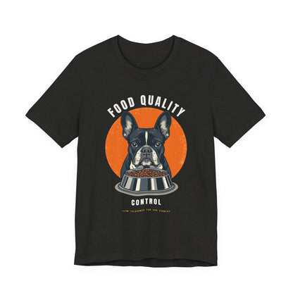 Food Quality Control French Bulldog t-shirt — neckline and collar detail