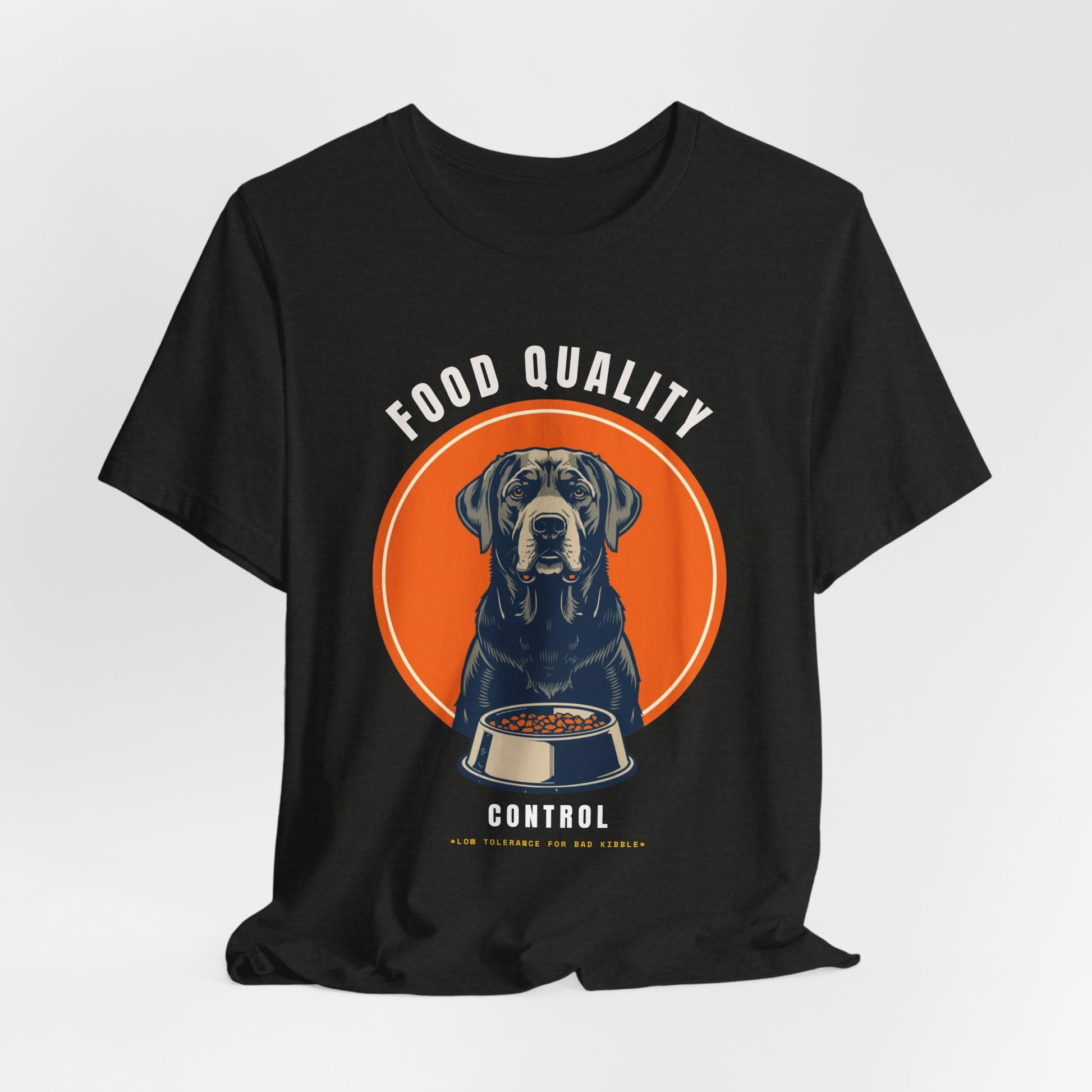 Food Quality Control Labrador t-shirt — lifestyle photo with dog
