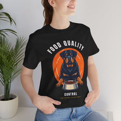 Food Quality Control Rottweiler t-shirt — back view on model
