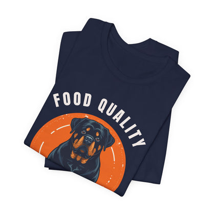 Food Quality Control Rottweiler t-shirt — model pose two