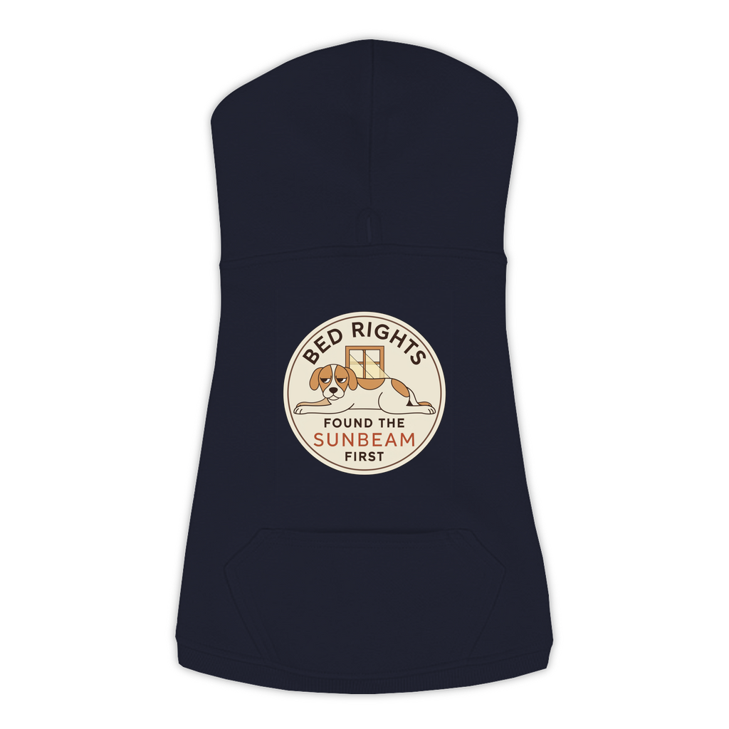 Found The Sunbeam First funny dog hoodie in navy, sizes L to 3XL