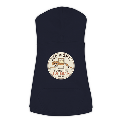 Found The Sunbeam First funny dog hoodie in navy, sizes L to 3XL
