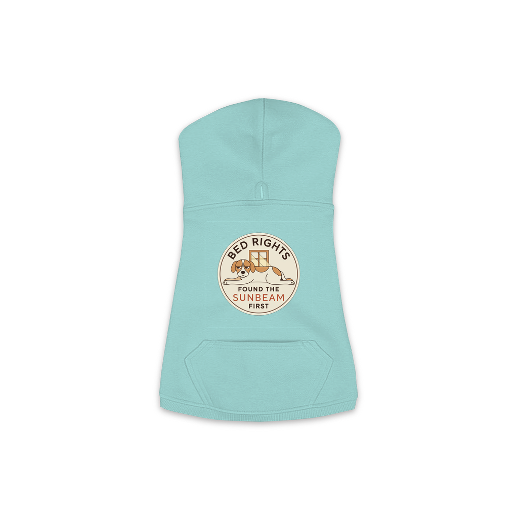 Found The Sunbeam First dog hoodie in saltwater blue, sizes XS to M