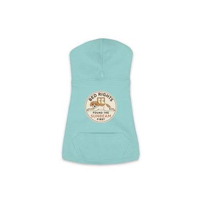 Found The Sunbeam First dog hoodie in saltwater blue, sizes XS to M