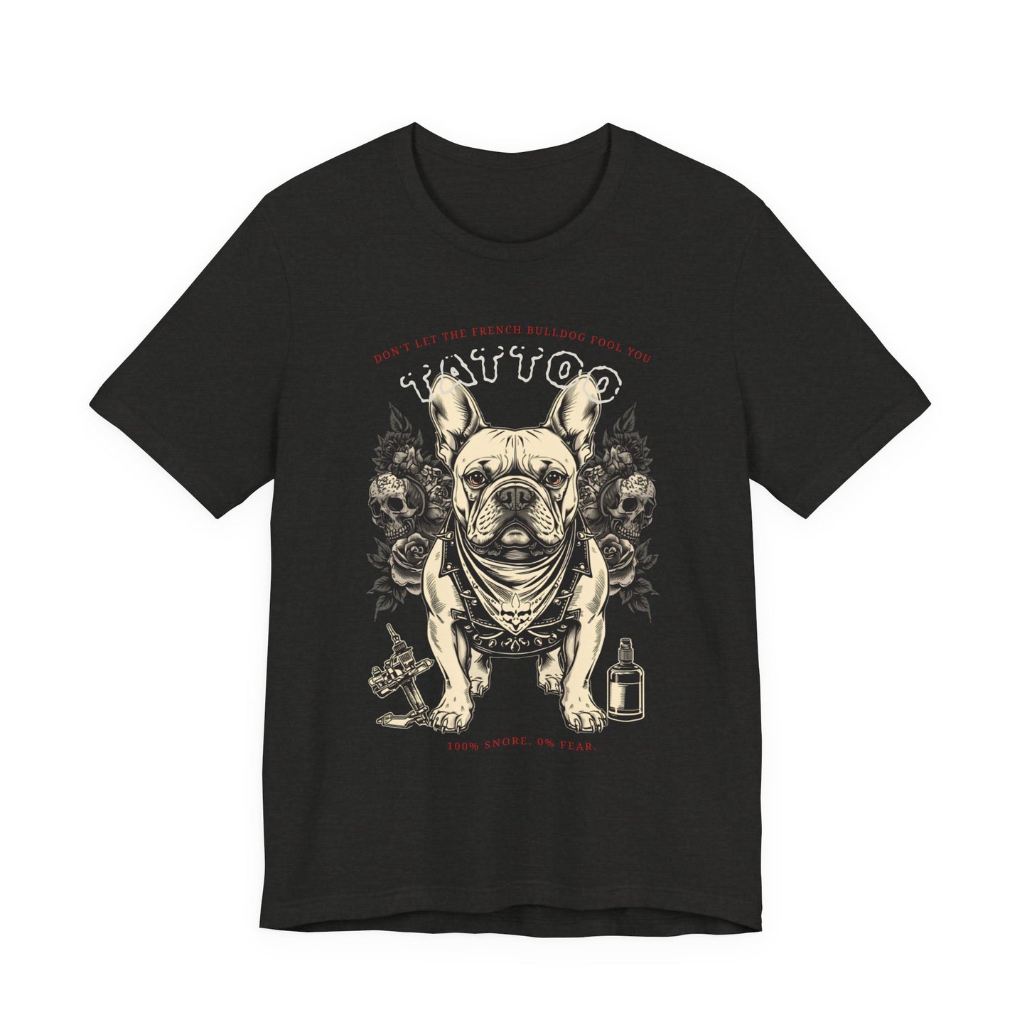 French Bulldog Biker Ink Shop t-shirt - black heather - front view