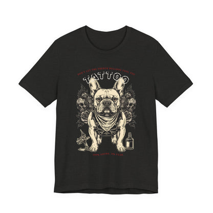 French Bulldog Biker Ink Shop t-shirt - black heather - front view
