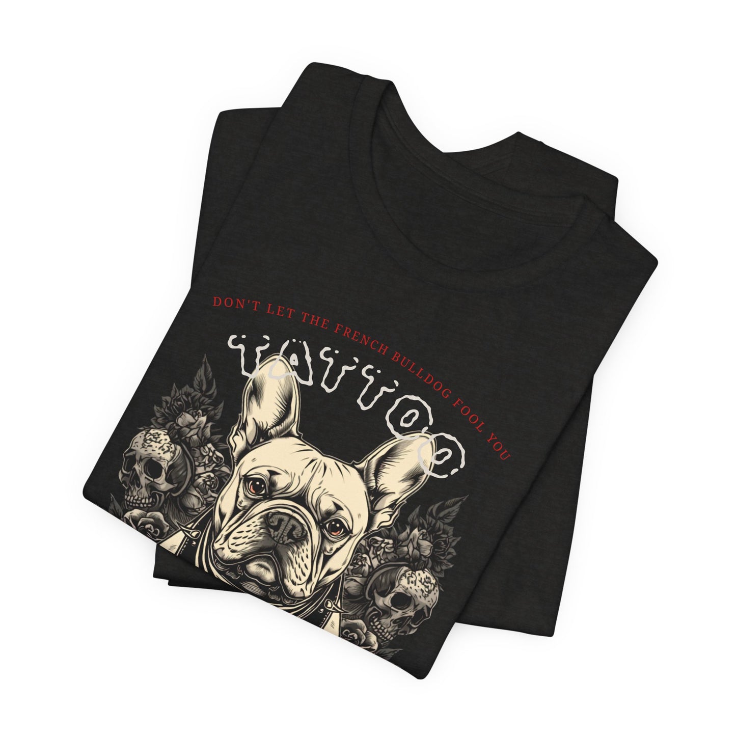 French Bulldog Biker Ink Shop t-shirt - black heather - model wearing tee