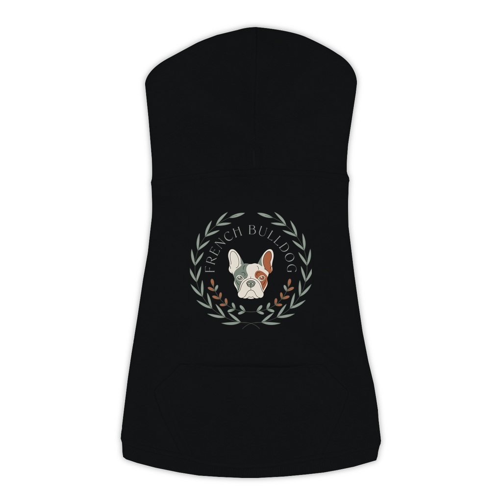 French Bulldog dog hoodie in Black — boho-inspired print on cosy fleece pullover, size L