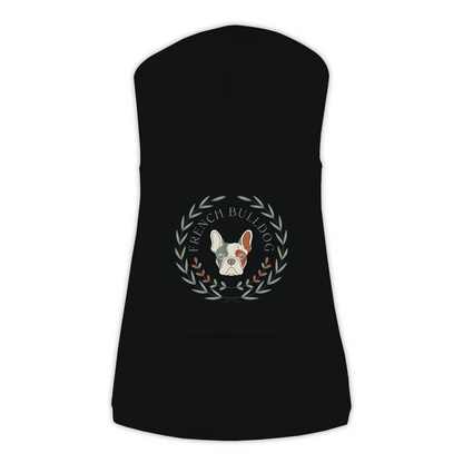 French Bulldog dog hoodie in Black — boho-inspired print on cosy fleece pullover, size L