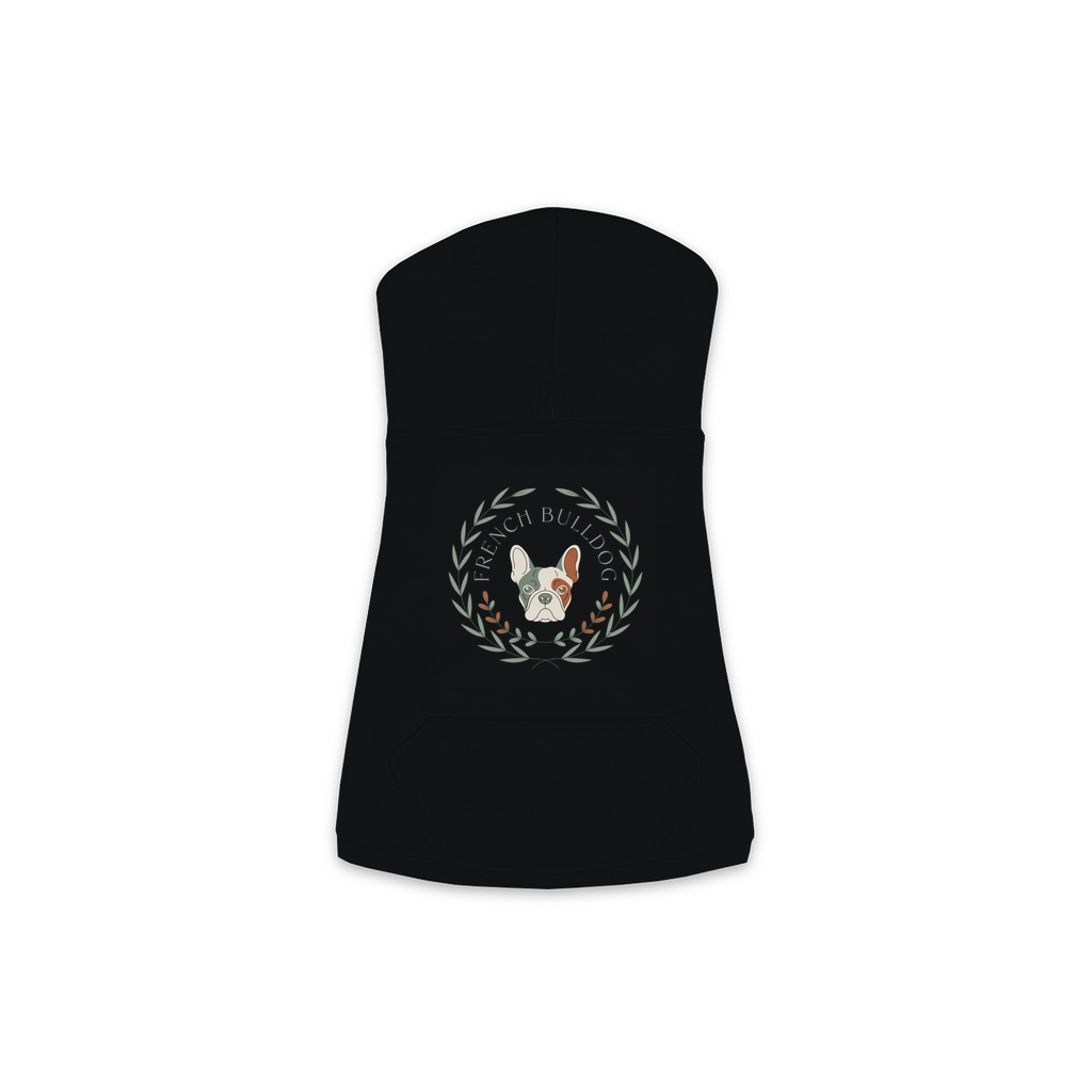 French Bulldog dog hoodie in Black — boho-inspired print on cosy fleece pullover, size M