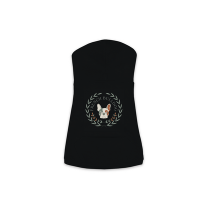 French Bulldog dog hoodie in Black — boho-inspired print on cosy fleece pullover, size M