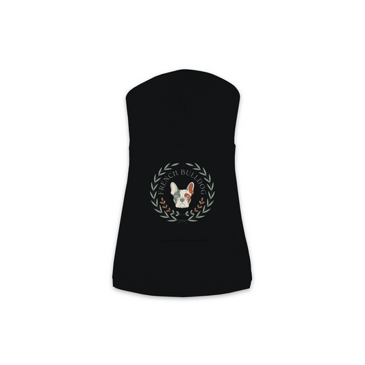 French Bulldog dog hoodie in Black — boho-inspired print on cosy fleece pullover, size M