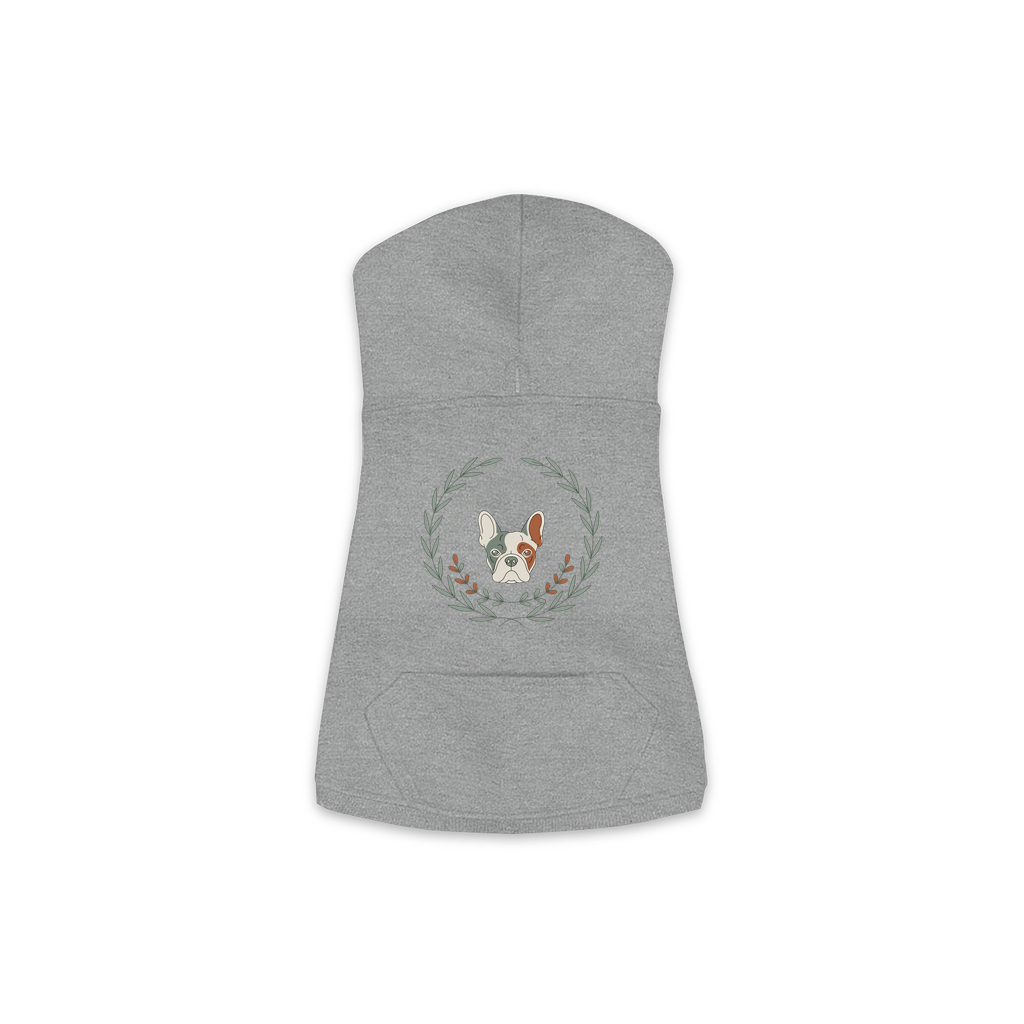French Bulldog dog hoodie in Granite Heather — boho-inspired print on cosy fleece pullover, size M