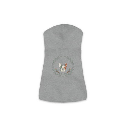 French Bulldog dog hoodie in Granite Heather — boho-inspired print on cosy fleece pullover, size M