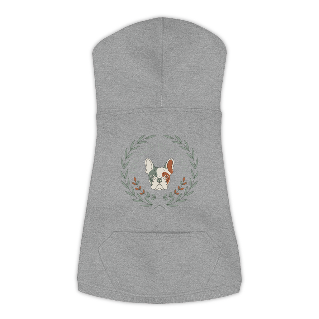 French Bulldog dog hoodie in Granite Heather — boho-inspired print on cosy fleece pullover, size XL