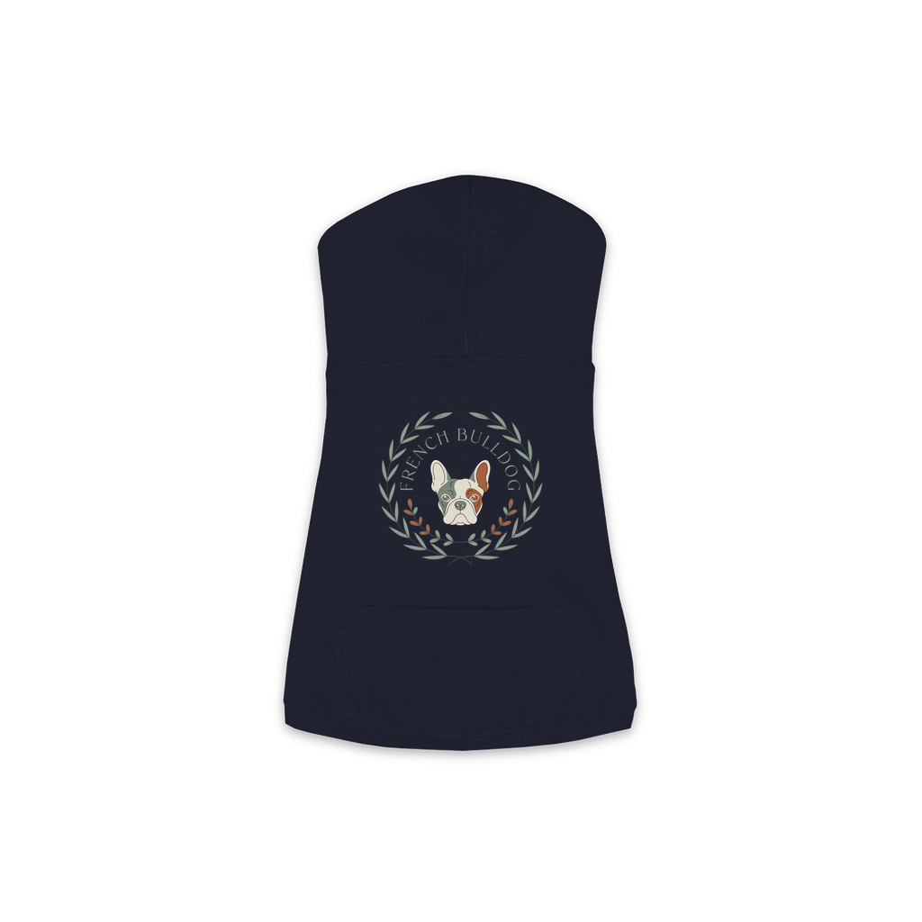 French Bulldog dog hoodie in Navy — boho-inspired print on cosy fleece pullover, size M