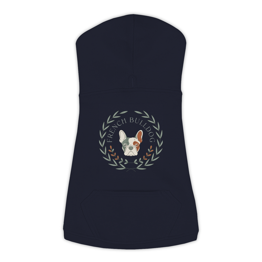 French Bulldog dog hoodie in Navy — boho-inspired print on cosy fleece pullover, size XL