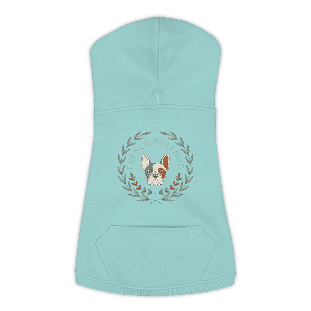 French Bulldog dog hoodie in Saltwater — boho-inspired print on cosy fleece pullover, size L