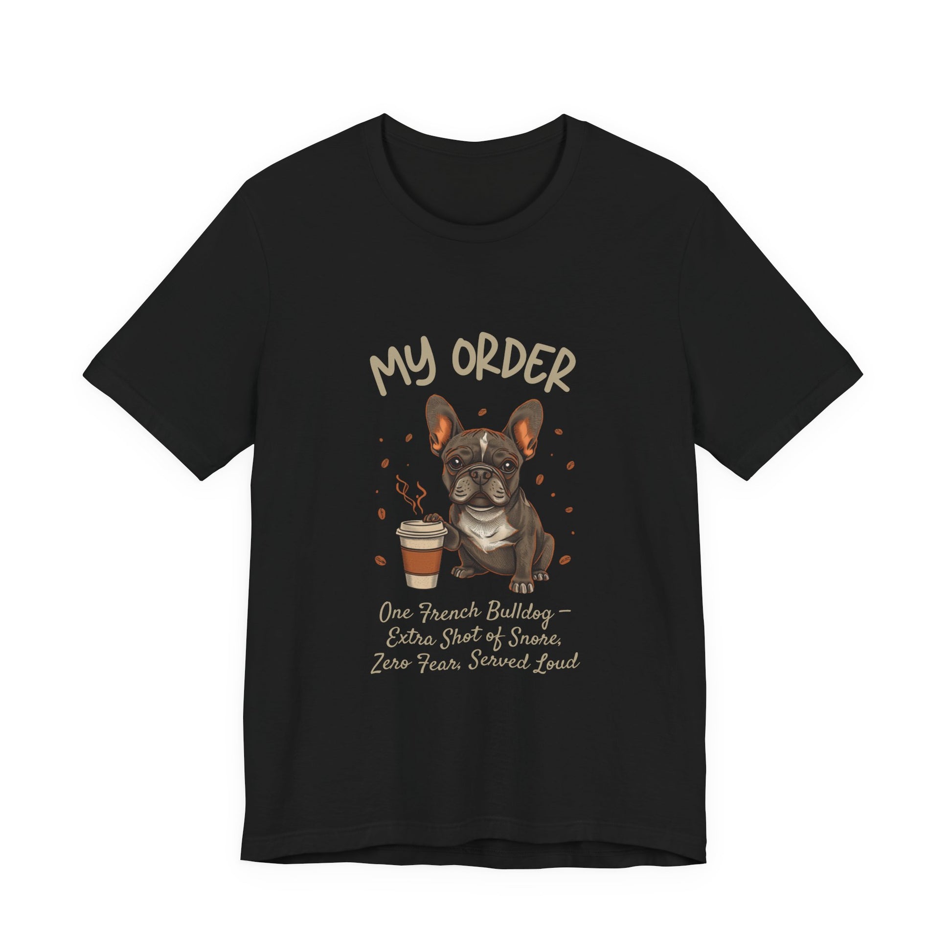 French Bulldog Café Order T-Shirt – Black – Flat Lay