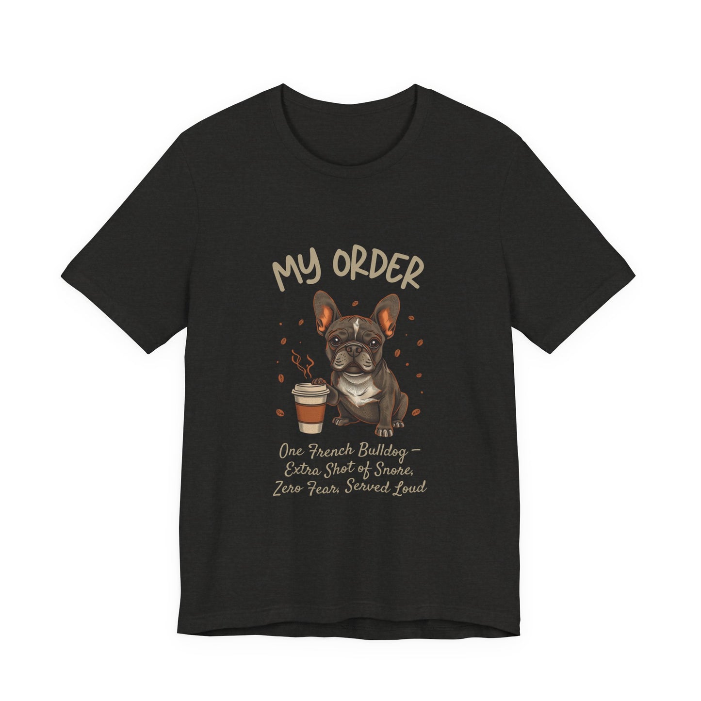 French Bulldog Café Order T-Shirt – Black Heather – Front View