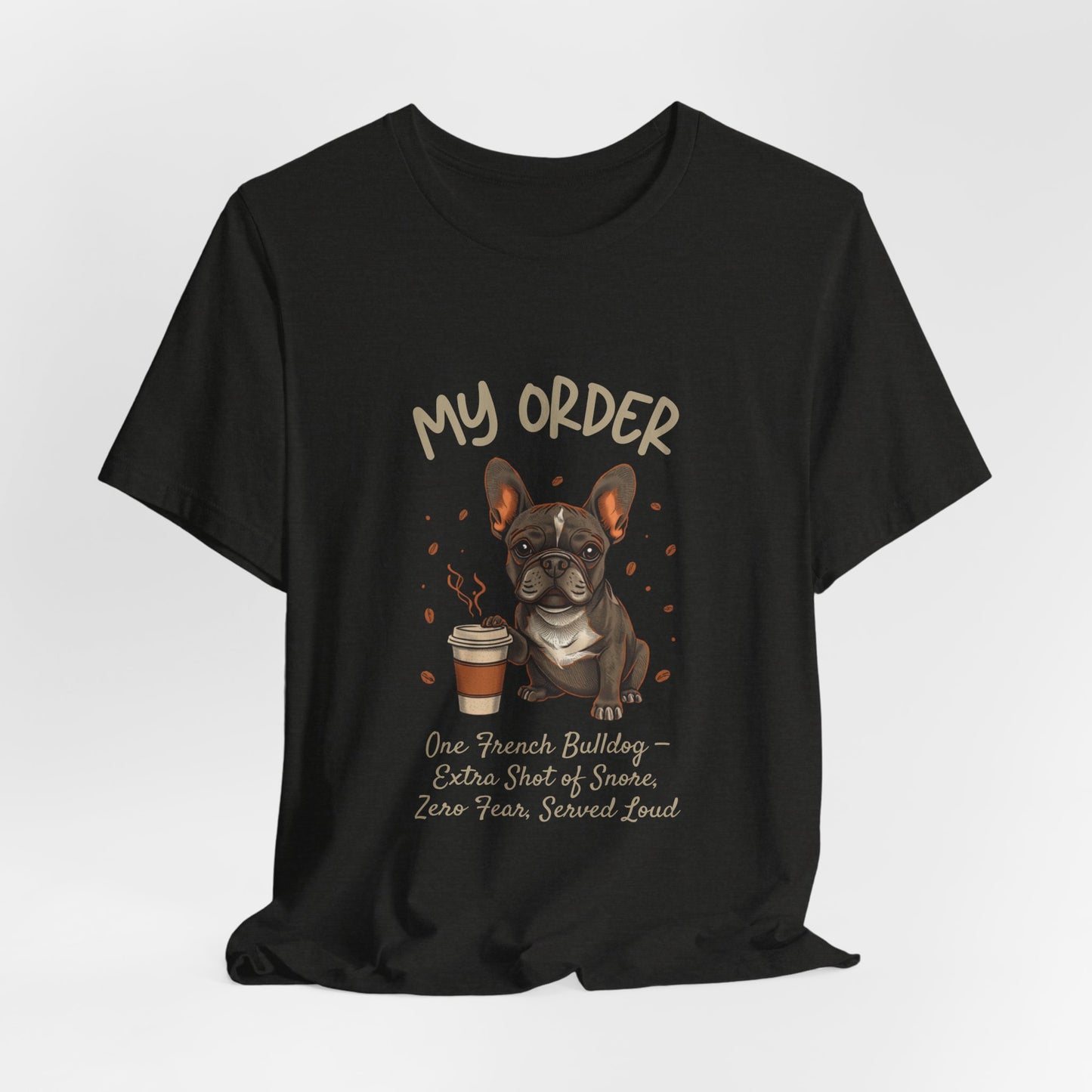 French Bulldog Café Order T-Shirt – Black Heather – Lifestyle View