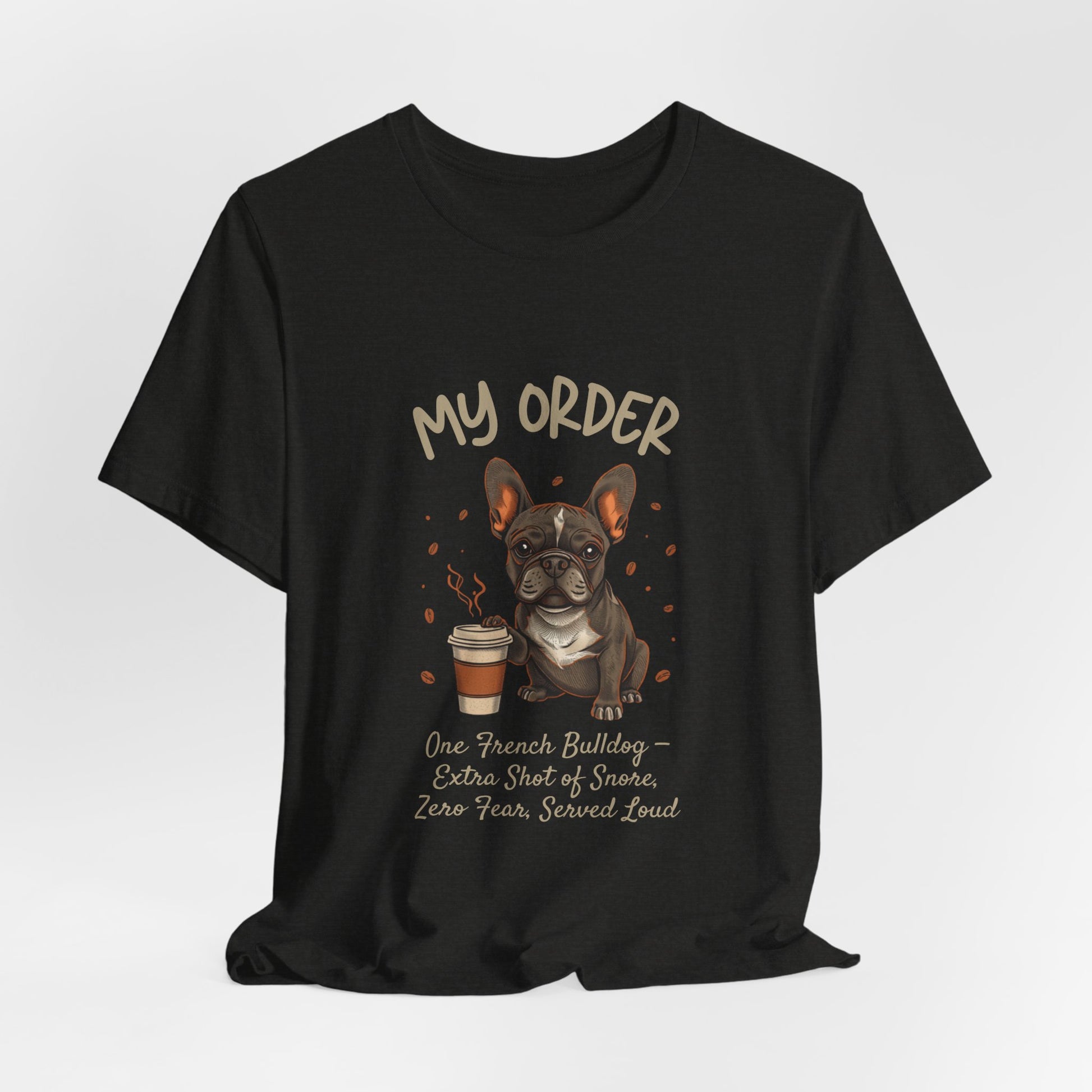 French Bulldog Café Order T-Shirt – Black Heather – Lifestyle View