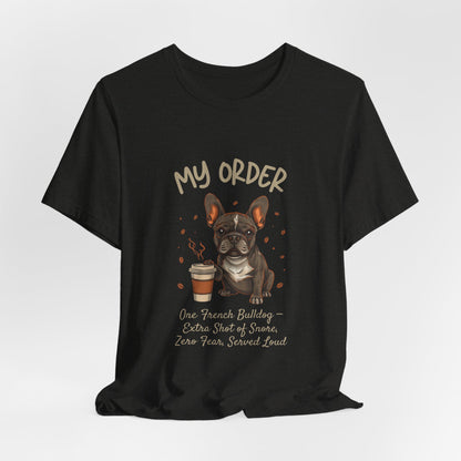 French Bulldog Café Order T-Shirt – Black Heather – Lifestyle View