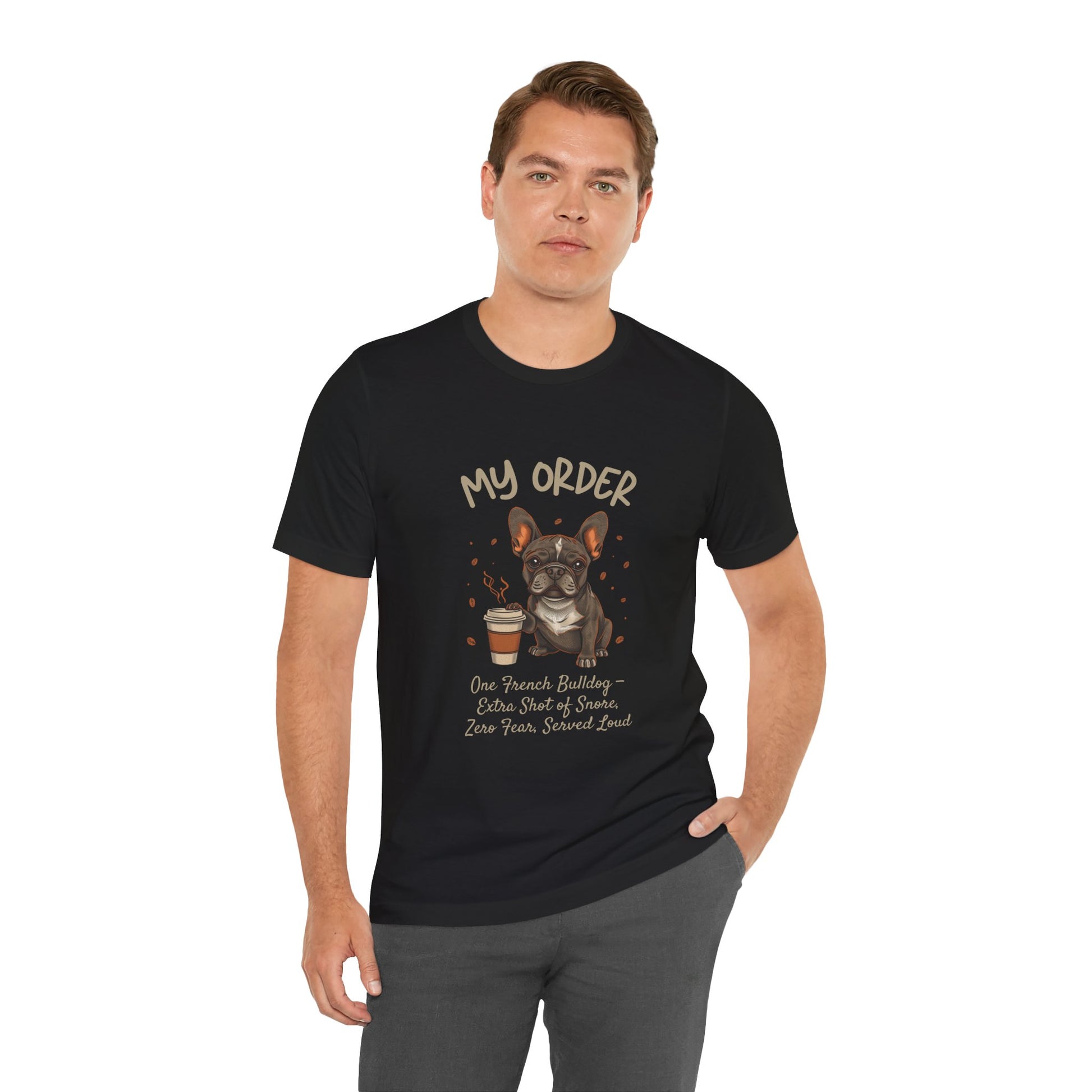 French Bulldog Café Order T-Shirt – Black – Lifestyle View