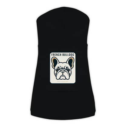 French Bulldog dog hoodie in Black — gold crest emblem print on cosy fleece pullover