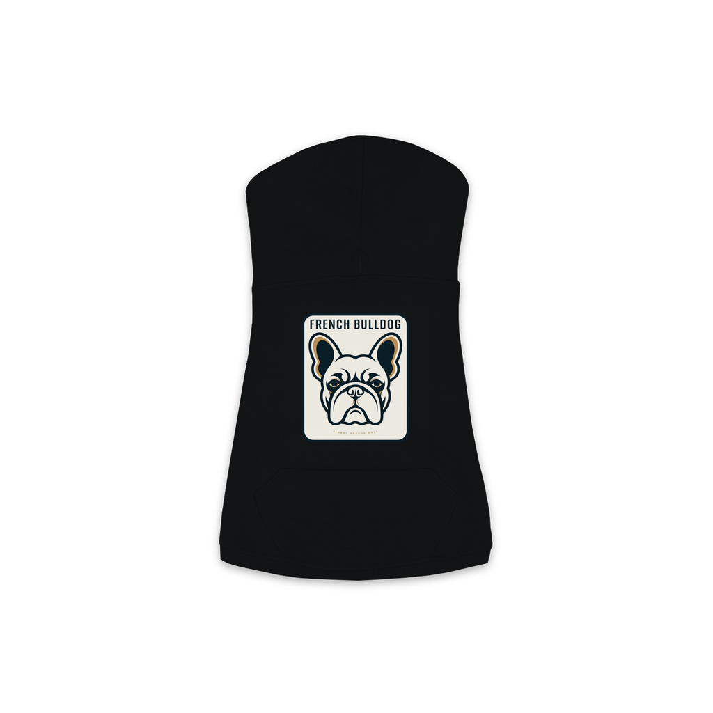 French Bulldog dog hoodie in Black — gold crest emblem print on cosy fleece pullover