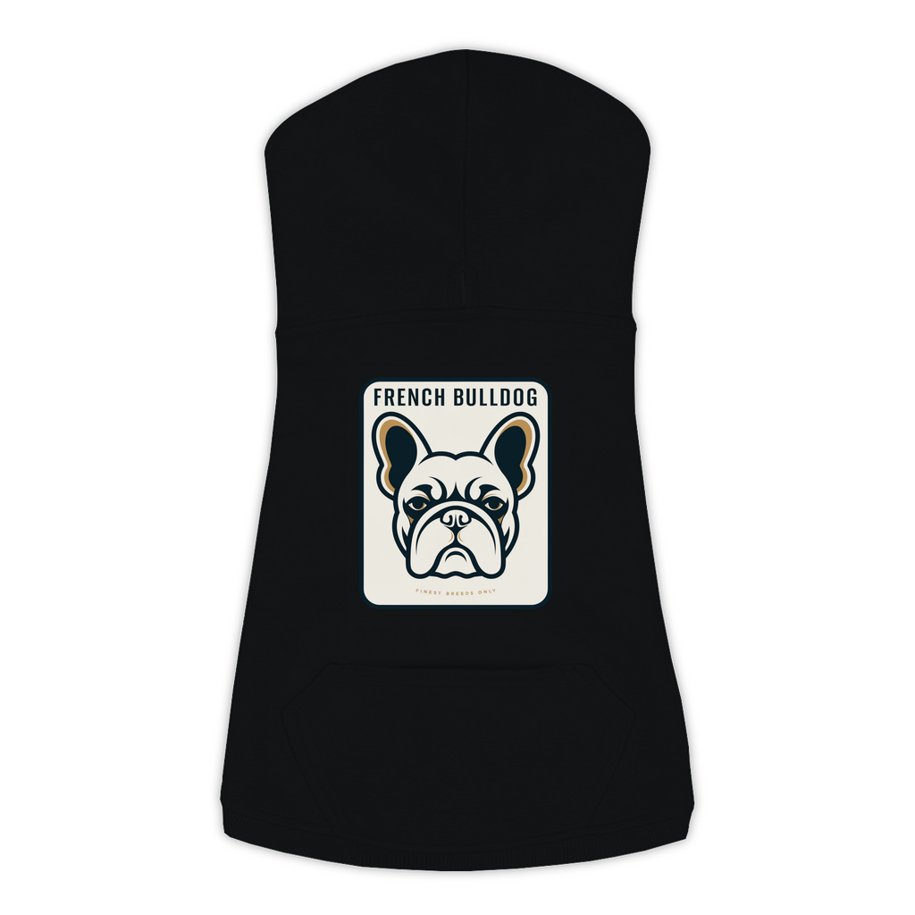 French Bulldog dog hoodie in Black — gold crest emblem print on cosy fleece pullover