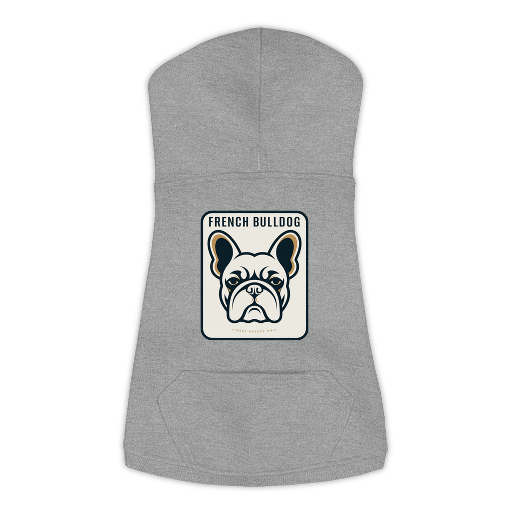 French Bulldog dog hoodie in Granite Heather — gold crest emblem print on cosy fleece pullover
